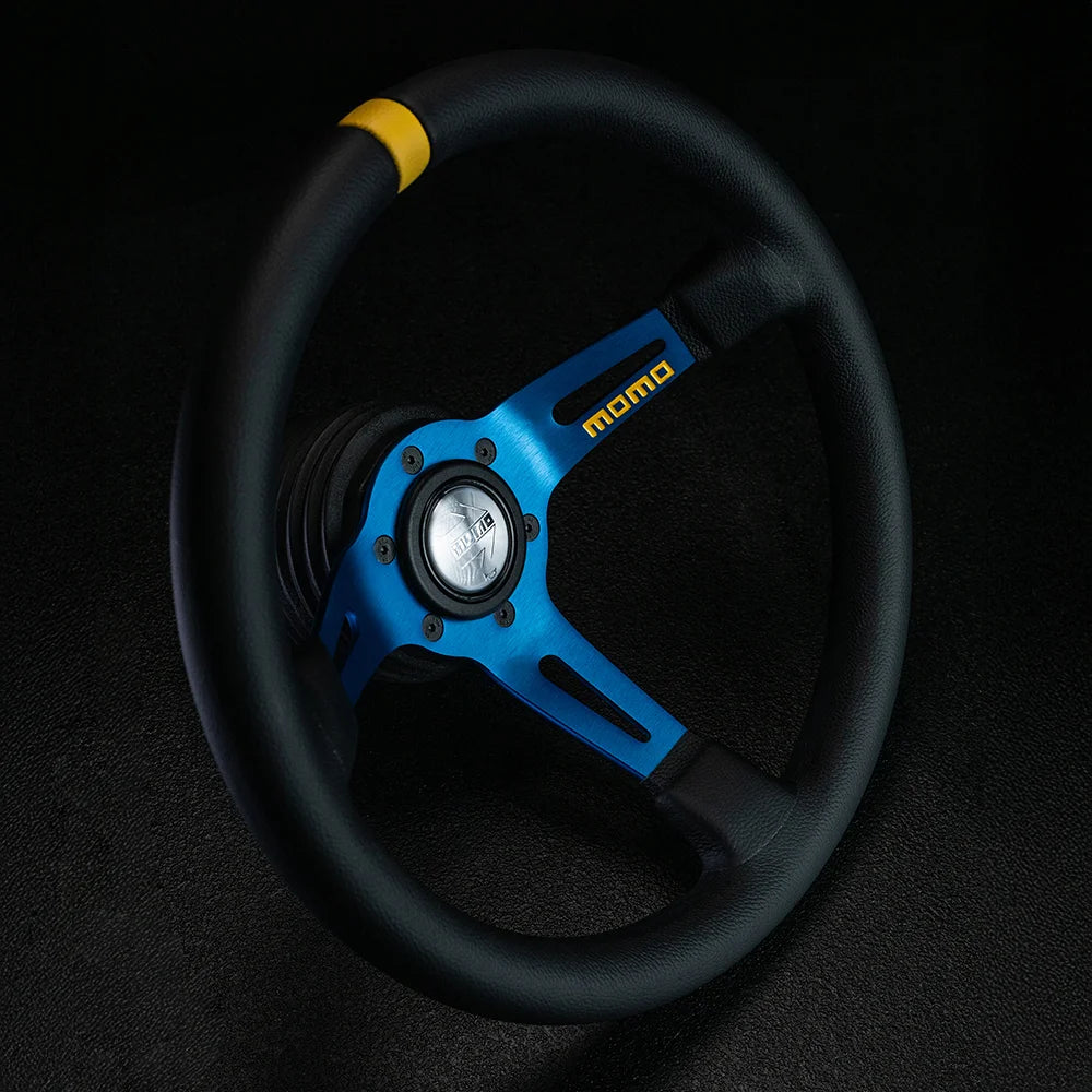 MOMO MOD. 08 330mm Steering Wheel - Black Leather, Blue Anodized Spokes - product view 2