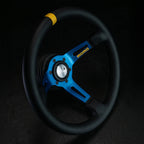 MOMO MOD. 08 330mm Steering Wheel - Black Leather, Blue Anodized Spokes - product view 2