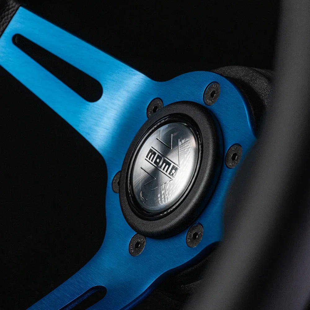 MOMO MOD. 08 330mm Steering Wheel - Black Leather, Blue Anodized Spokes - product view 3
