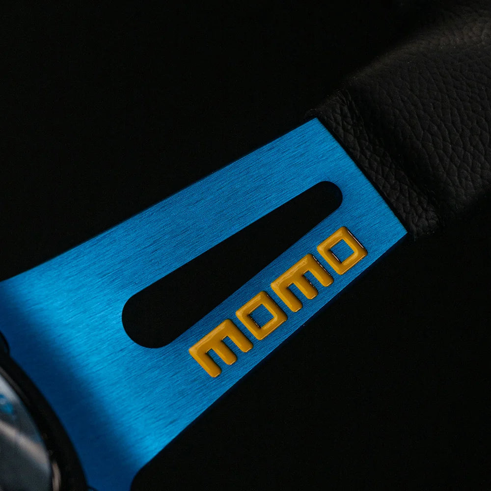 MOMO MOD. 08 330mm Steering Wheel - Black Leather, Blue Anodized Spokes - product view 4