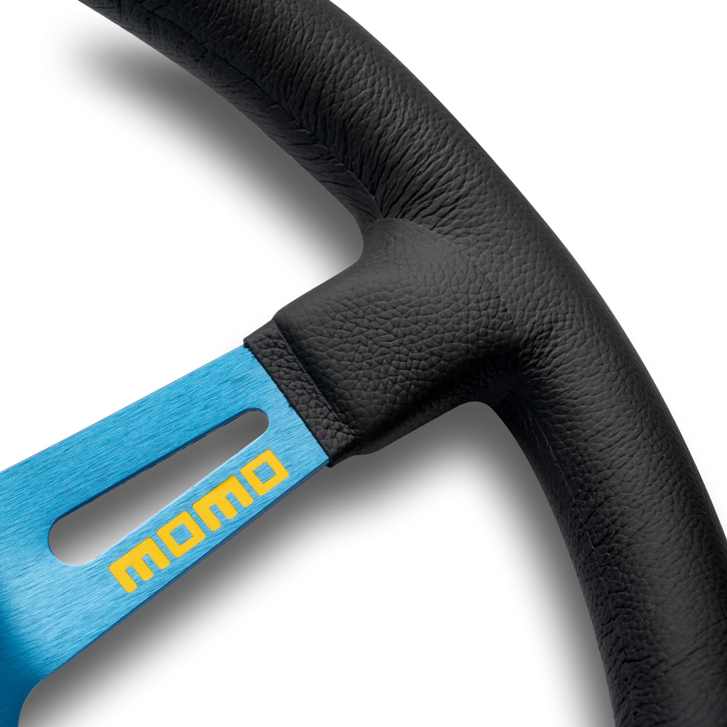 MOMO MOD. 08 330mm Steering Wheel - Black Leather, Blue Anodized Spokes - product view 5