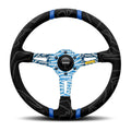 MOMO Ultra 350mm Steering Wheel - Premium Microfiber, Blue Anodized Spokes