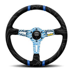 MOMO Ultra 350mm Steering Wheel - Premium Microfiber, Blue Anodized Spokes