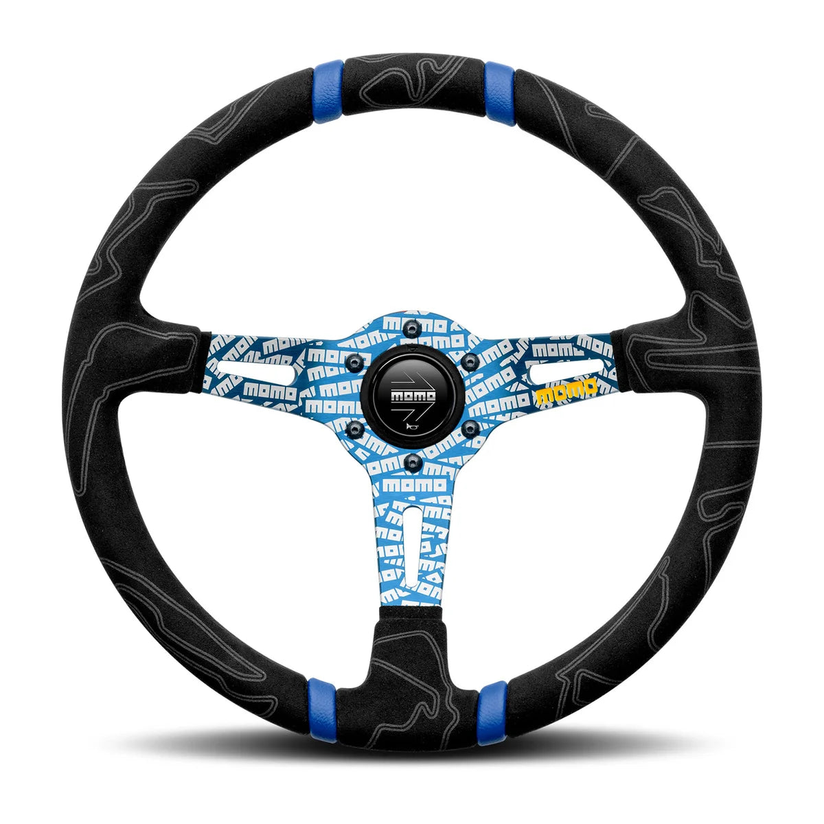 MOMO Ultra 350mm Steering Wheel - Premium Microfiber, Blue Anodized Spokes