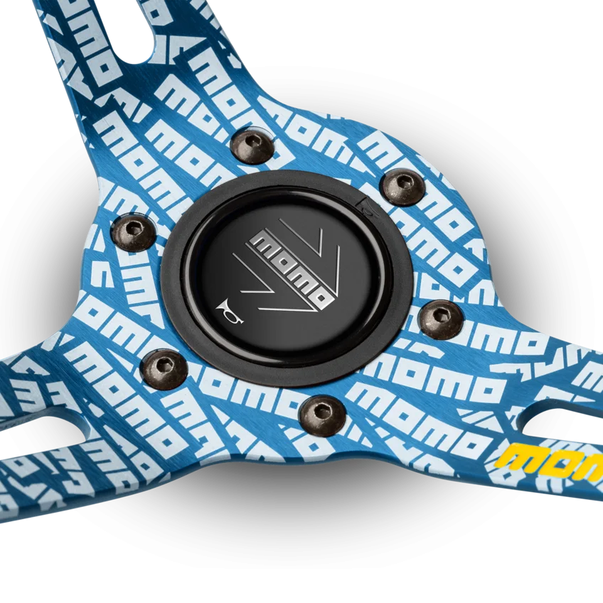 MOMO Ultra 350mm Steering Wheel - Premium Microfiber, Blue Anodized Spokes - product view 2