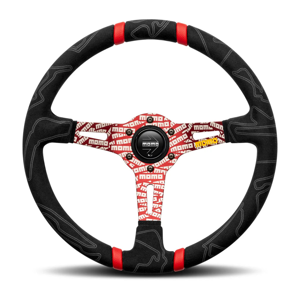 MOMO Ultra 350mm Steering Wheel - Premium Microfiber, Red Anodized Spokes
