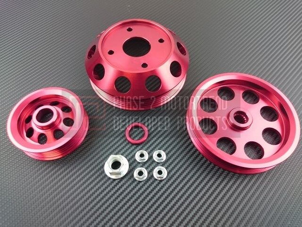 Phase 2 Motortrend (P2M) Aluminum 3 PC Lightweight Pulley Kit RED - Nissan 240sx S13 SR20DET (1989-1994)