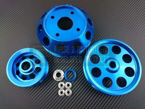 Phase 2 Motortrend (P2M) Aluminum 3 PC Lightweight Pulley Kit BLUE - Nissan 240sx S13 SR20DET (1989-1994)