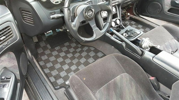 Phase 2 Motortrend (P2M) Checkered Race Carpet Floor Mats (Dark Grey) - Nissan 240sx S14 (1995-1998)