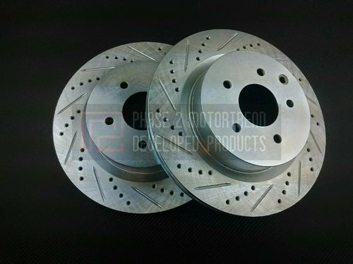 Phase 2 Motortrend (P2M) Zinc Coated Slotted Drilled Rear Brake Rotors w/ Brembo Calipers - Infiniti G35 Coupe (2003-2007)