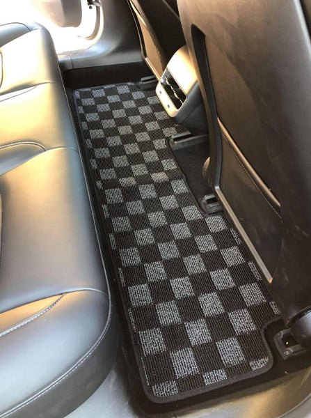 Phase 2 Motortrend (P2M) Checkered Flag Dark Grey Race 3pc Carpet Floor Mats - Tesla Model 3 (2017+)