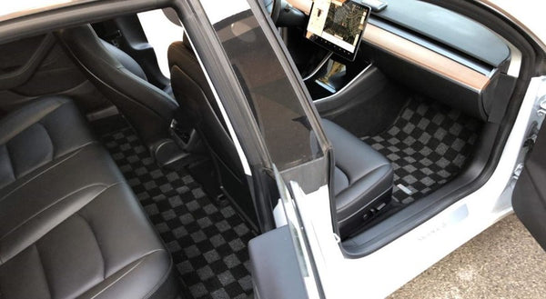 Phase 2 Motortrend (P2M) Checkered Flag Dark Grey Race 5pc Carpet Floor Mats - Tesla Model 3 (2017+)