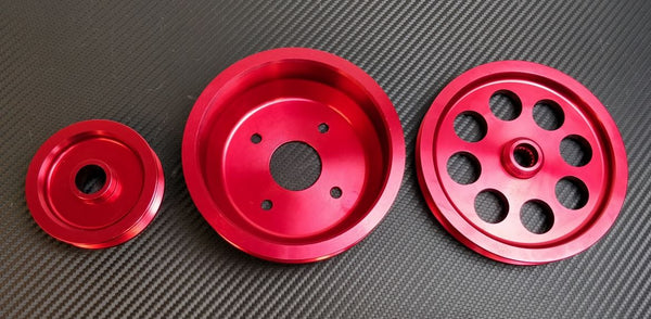 Phase 2 Motortrend (P2M) Aluminum 3 PC Lightweight RED Pulley Kit - Nissan 240sx KA24E Single Cam (1989-1994)