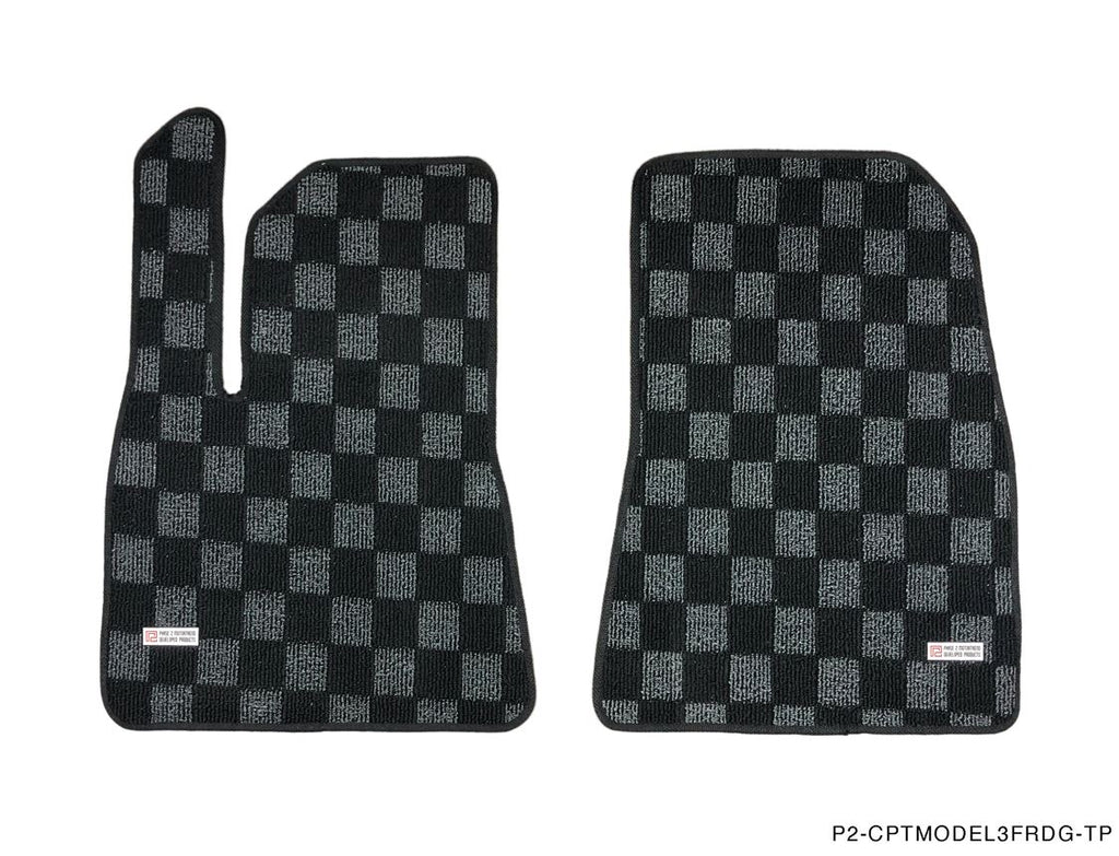 Phase 2 Motortrend (P2M) Checkered Flag Dark Grey Race 3pc Carpet Floor Mats - Tesla Model 3 (2017+)
