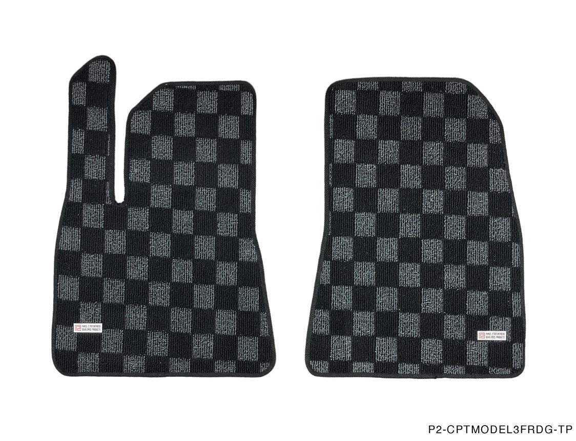 Phase 2 Motortrend (P2M) Checkered Flag Dark Grey Race 3pc Carpet Floor Mats - Tesla Model 3 (2017+)