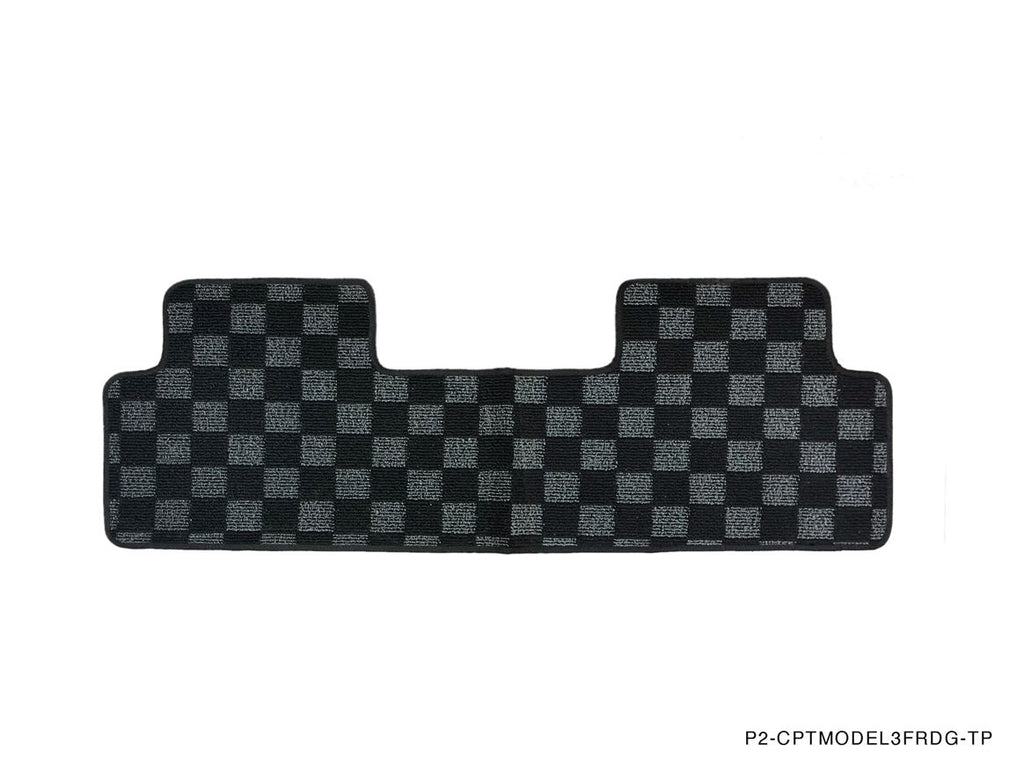 Phase 2 Motortrend (P2M) Checkered Flag Dark Grey Race 3pc Carpet Floor Mats - Tesla Model 3 (2017+)