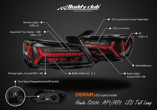 Buddy Club Racing LED Tail Lamps Lights Kit - Honda S2000 S2K AP1 (2000-2003) U.S. Spec