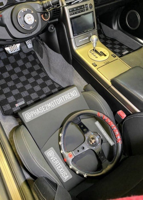 Phase 2 Motortrend (P2M) Front & Rear Checkered Race Carpet Floor Mats (Dark Grey) - Infiniti G35 Coupe / Sedan (2003-2007)