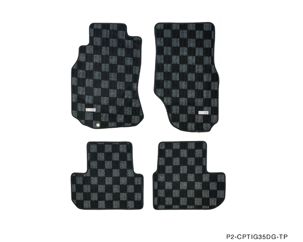 Phase 2 Motortrend (P2M) Front & Rear Checkered Race Carpet Floor Mats (Dark Grey) - Infiniti G35 Coupe / Sedan (2003-2007)