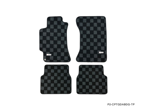 Phase 2 Motortrend (P2M) Front & Rear Checkered Race Carpet Floor Mats (Dark Grey) - Subaru WRX & STI (2002-2007) GDA GDB