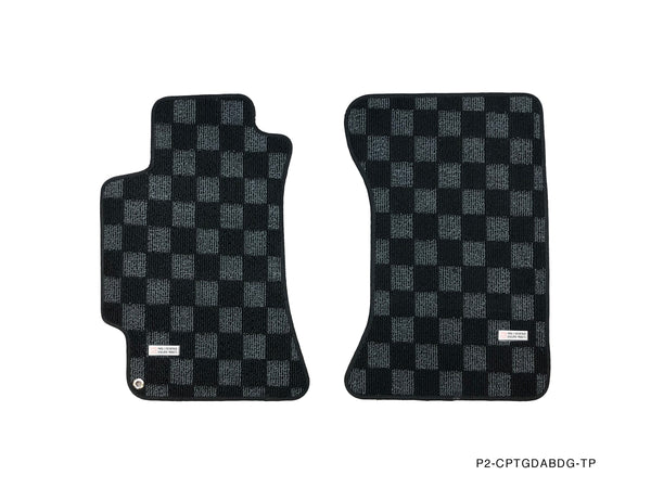 Phase 2 Motortrend (P2M) Front & Rear Checkered Race Carpet Floor Mats (Dark Grey) - Subaru WRX & STI (2002-2007) GDA GDB