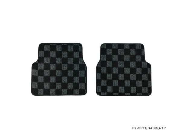 Phase 2 Motortrend (P2M) Front & Rear Checkered Race Carpet Floor Mats (Dark Grey) - Subaru WRX & STI (2002-2007) GDA GDB