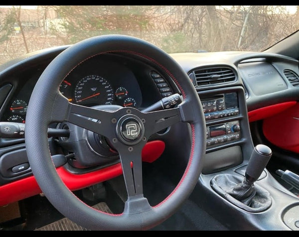 Phase 2 Motortrend (P2M) Competition Steering Wheel - 340mm Standard Leather w/ Red Stitching