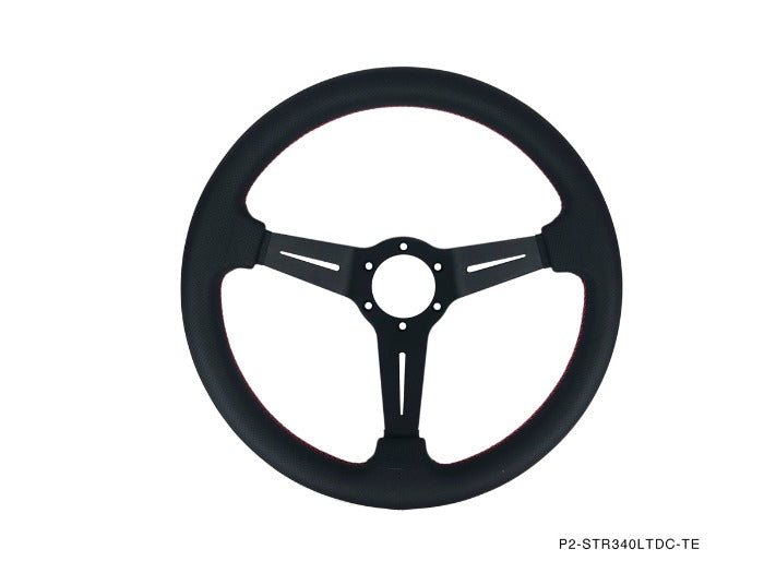 P2M Competition Steering Wheel - 340mm Deep Corn Leather w/ Red Stitching - P2-STR340LTDC-TE