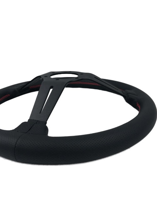 P2M Competition Steering Wheel - 340mm Deep Corn Leather w/ Red Stitching - P2-STR340LTDC-TE