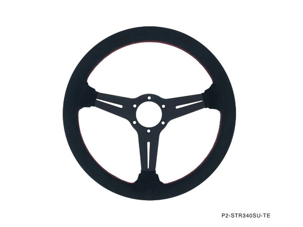 Phase 2 Motortrend (P2M) Competition Steering Wheel - 340mm Standard Suede w/ Red Stitching
