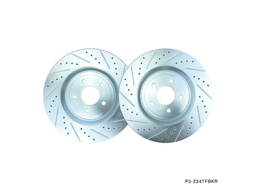 Phase 2 Motortrend (P2M) Zinc Coated Slotted Drilled Front Brake Rotors w/ Akebono - Infiniti V37 G37 (2009+)