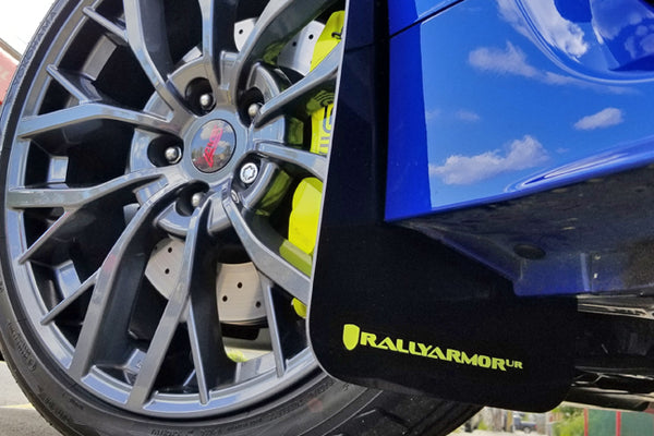 Rally Armor UR Black w/ Caliper Green Logo Mud Flaps Set of 4 - Subaru WRX & STI (2015-2021)