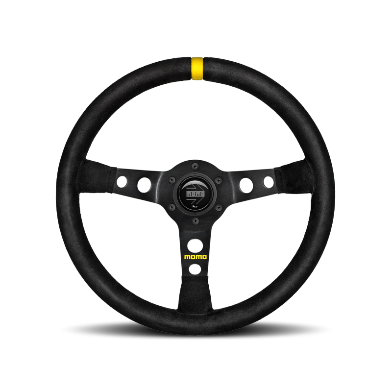 MOMO Race Mod .07 Steering Wheel - 350MM - Black Suede / Brushed Black Anodized / Single Yellow Stripe