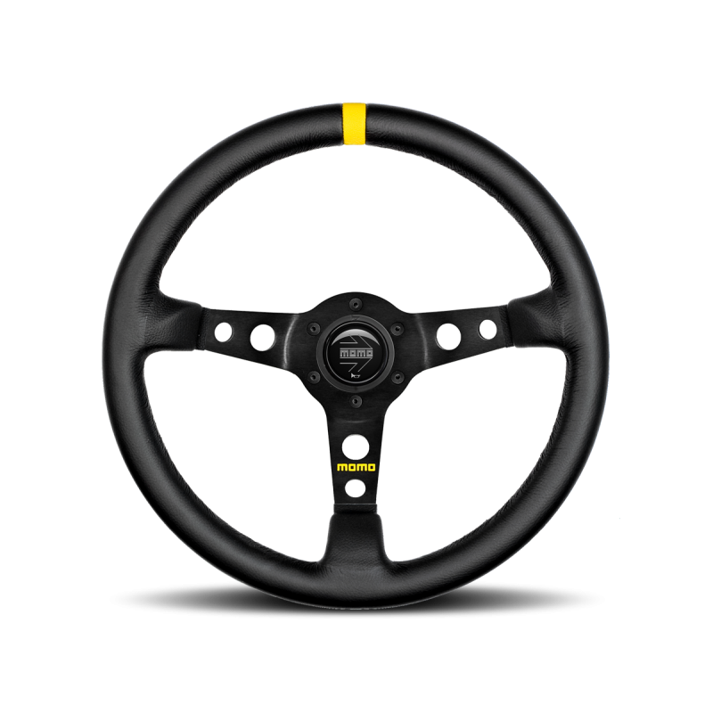 MOMO Race Mod .07 Steering Wheel - 350MM - Black Leather / Brushed Black Anodized / Single Yellow Stripe