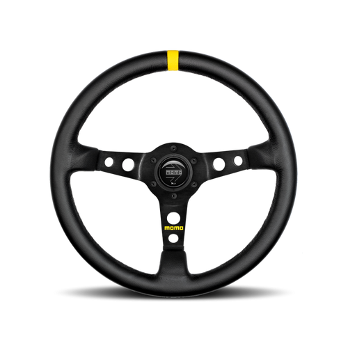 MOMO Race Mod .07 Steering Wheel - 350MM - Black Leather / Brushed Black Anodized / Single Yellow Stripe