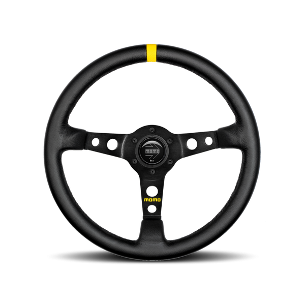 MOMO Race Mod .07 Steering Wheel - 350MM - Black Leather / Brushed Black Anodized / Single Yellow Stripe