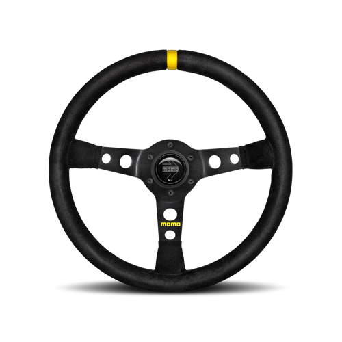 MOMO Race Mod .07 Steering Wheel - 350MM - Black Suede / Brushed Black Anodized / Single Yellow Stripe