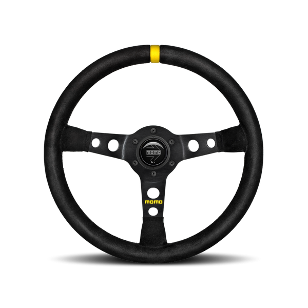 MOMO Race Mod .07 Steering Wheel - 350MM - Black Suede / Brushed Black Anodized / Single Yellow Stripe