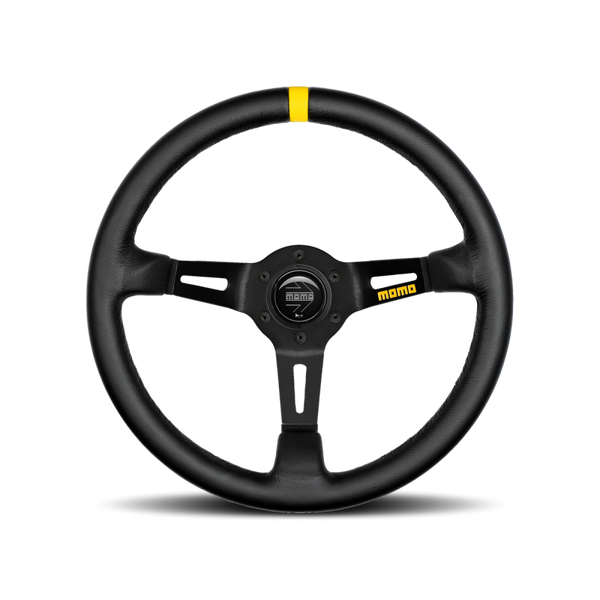 MOMO Race Mod .08 Steering Wheel - 350MM - Black Leather / Brushed Black Anodized / Single Yellow Stripe