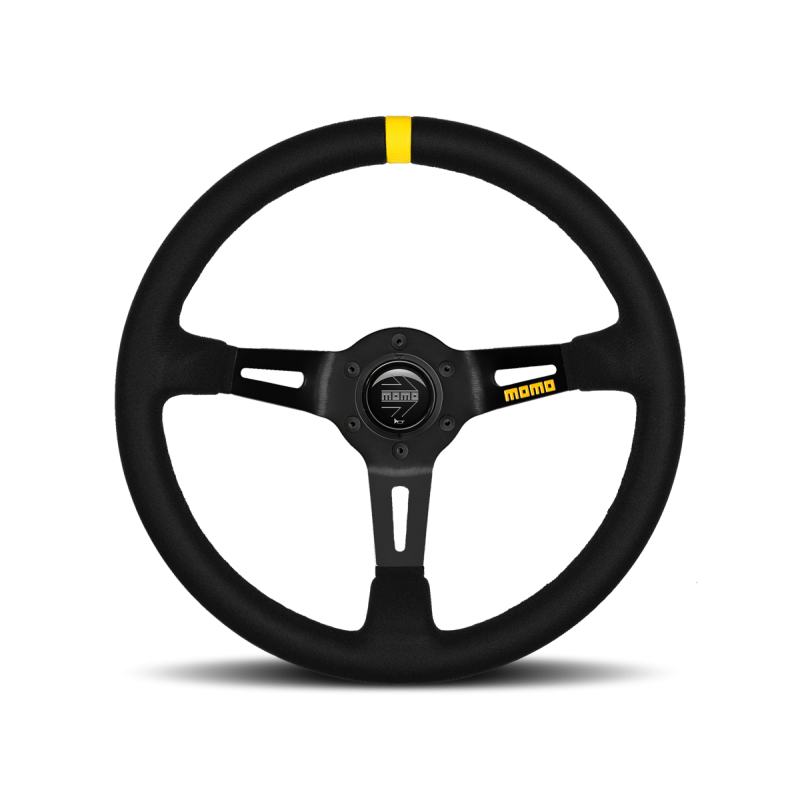 MOMO Race Mod .08 Steering Wheel - 350MM - Black Suede / Brushed Black Anodized / Single Yellow Stripe