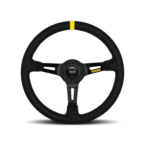 MOMO Race Mod .08 Steering Wheel - 350MM - Black Suede / Brushed Black Anodized / Single Yellow Stripe