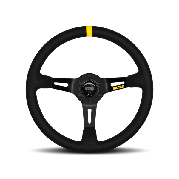 MOMO Race Mod .08 Steering Wheel - 350MM - Black Suede / Brushed Black Anodized / Single Yellow Stripe