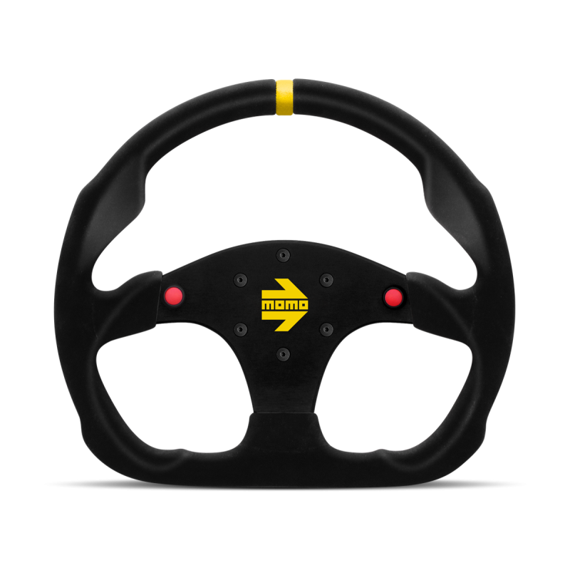MOMO Race Mod .30 Steering Wheel w/ Buttons - 320MM - Black Suede / Brushed Black Anodized / Yellow Stripe