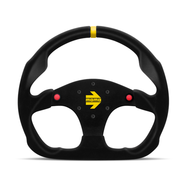MOMO Race Mod .30 Steering Wheel w/ Buttons - 320MM - Black Suede / Brushed Black Anodized / Yellow Stripe