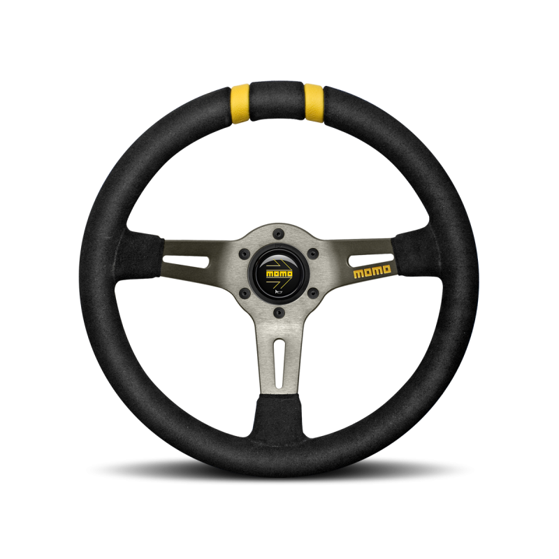MOMO Racing Mod. Drift - 330MM - Black Suede / Brushed Anthracite Anodized / Dual Yellow Stripes