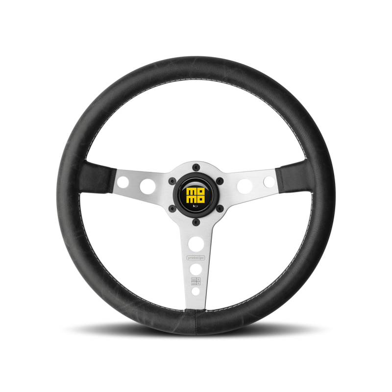 MOMO Prototipo Heritage Steering Wheel - 350MM - Black Distressed Leather / Brushed Aluminum / White Stitching