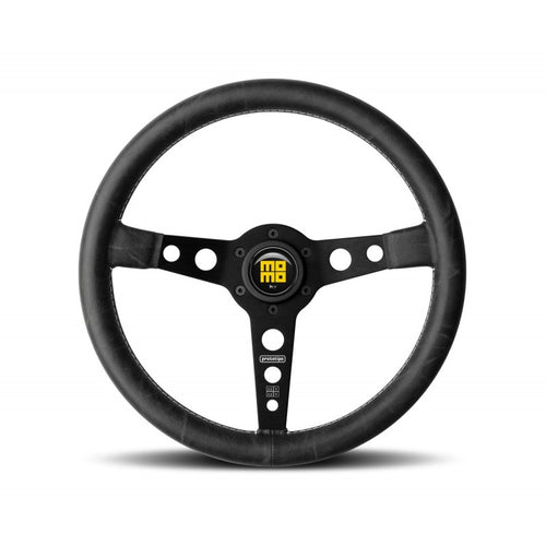 MOMO Prototipo Heritage Steering Wheel - 350MM - Black Distressed Leather / Brushed Black Anodized / White Stitching