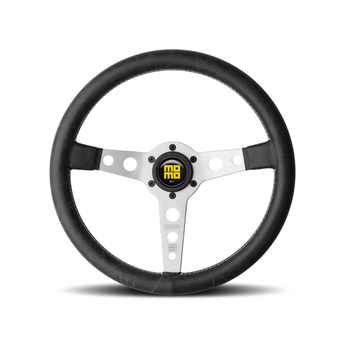 MOMO Prototipo Heritage Steering Wheel - 350MM - Black Distressed Leather / Brushed Aluminum / White Stitching