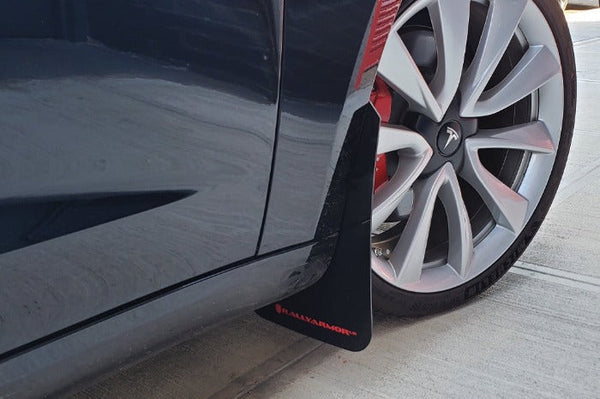 Rally Armor UR Black w/ Dark Grey Logo Mud Flaps Set - Tesla Model 3 (2017-2023)