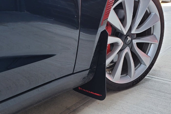 Rally Armor UR Black w/ White Logo Mud Flaps Set - Tesla Model 3 (2017-2023)